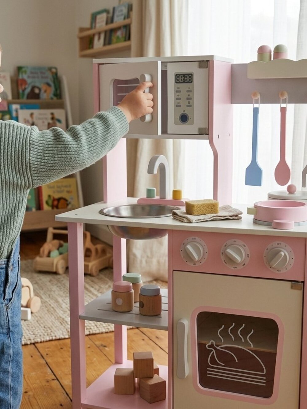 Kids Wooden Play Kitchen Set, Pink Pretend Cooking Toy with Accessories - Picture 3 of 16